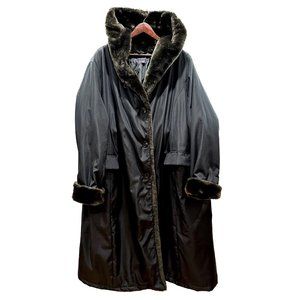 Long Coat with faux Fur Hood & Trim ~ Lightly Filled Duster Sleek & Soft NWOT